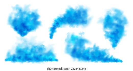 Blue colorful smoke clouds isolated on white background, realistic mist effect, fog. Vapor in the air, steam flow. Vector illustration