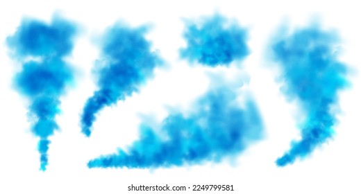 Blue colorful smoke clouds isolated on white background, realistic mist effect, fog. Vapor in the air, steam flow. Vector illustration