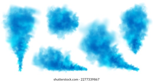 Blue colorful smoke clouds isolated on white background, realistic mist effect, fog. Vapor in the air, steam flow. Vector illustration