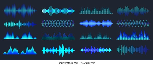 Blue colorful sound waves collection. Analog and digital audio signal. Music equalizer. Interference voice recording. High frequency radio wave. Vector illustration.