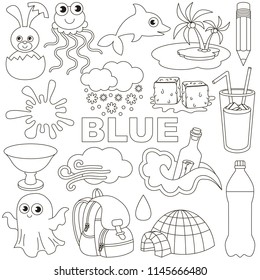 Blue Colorless Objects Color elements set, collection of coloring book template, the group of outline digital elements vector illustration, kid educational game page.