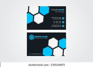 Blue Colors Abstract Hexagon Elements Low Poly Style Business Card Design template. dark background. polygonal space for photo collage on top and bottom. horizontal layout. 