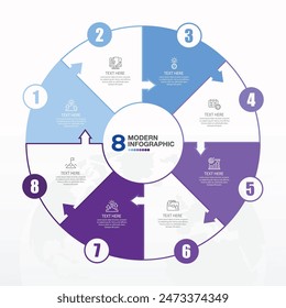 Colores azules para infografía de círculo con iconos de línea fina. 8 opciones o pasos para infografías, diagramas de flujo, presentaciones, Sitios web, materiales impresos. Concepto de negocio de infografía.