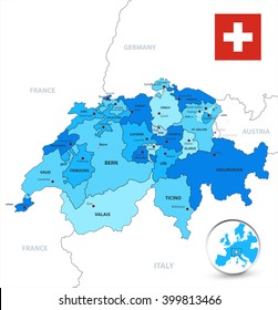 Blue colors divisions map of Switzerland. All elements are separated in editable layers clearly labeled.