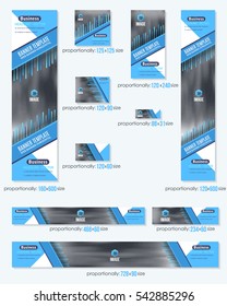 Blue Colors Flat Style Website Banner, Different Frames Background and Web Layout Ad Vector Cover Illustration. Image Add Business Advertisement Design Collection with Geometric Elements Banners Set