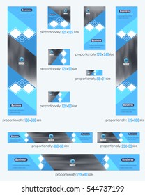 Blue Colors Flat Style Website Banner, Different Frames Background and Web Layout Ad Vector Cover Illustration. Image Add Business Advertisement Design Collection with Geometric Elements Banners Set