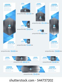 Blue Colors Flat Style Website Banner, Different Frames Background and Web Layout Ad Vector Cover Illustration. Image Add Business Advertisement Design Collection with Geometric Elements Banners Set