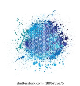 Blue colors ink blots splash isolated on white background. Flower of life white outline symbol
