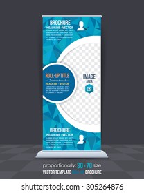 Blue Colors Low Poly Style Shine Roll-Up Banner, Advertising Vector Background Design