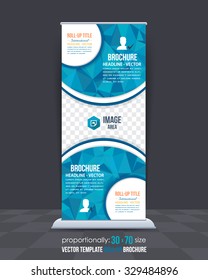 Blue Colors Low Poly Style Shine Roll-Up Banner, Advertising Vector Background Design