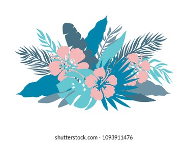 Colores azules Hojas de palma y flores tropicales ilustración retro vectorial. Bouquet con monastera, hojas de plátano e hibiscos rosas de lirio chino aislados en fondo blanco.