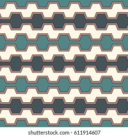 Blue colors seamless pattern with battlement curved lines. Repeated geometric figures wallpaper. Modern style surface texture. Digital paper, textile print, page fill. Vector art