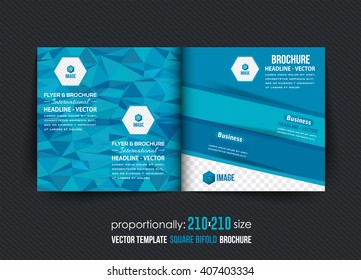 Blue Colors Square Bi-Fold Brochure Design. Corporate Leaflet, Cover Template, Low Poly Elements 