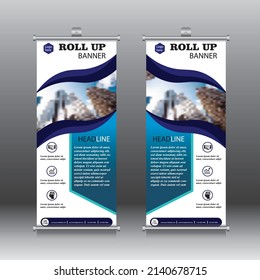 Blue colour abstract shapes business roll up. Standee design. Banner template. Presentation and exhibition brochure. Vector illustration.