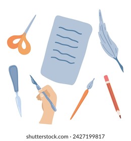 Herramientas de oficina de diseño plano de color azul y carta