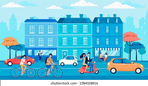 Blue colour modern city street and transport flat vector illustration