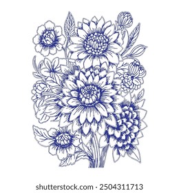 Blue colour sunflower line art for your design
