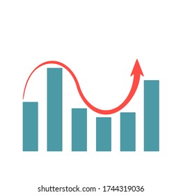 Blue column graphs diagram with a curved sinusoidal arrow. Business chart diagram concept. Visualization of business processes. Chart of changes.