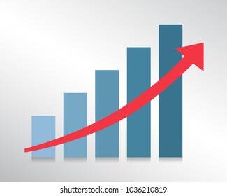 Blue column graphs diagram with rising arrow. Vector illustration