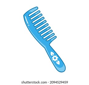Blue comb comb with a pattern of flowers. Vector illustration of a princess accessory in cartoon childish style. Isolated cute clipart on a white background. Colored art with an outline