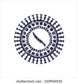 Blue combat knife icon inside distress rubber grunge texture stamp