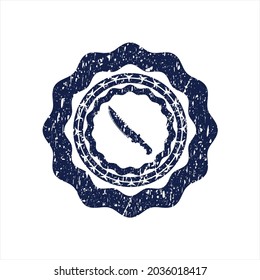 Blue combat knife icon inside distress rubber seal. 