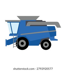 A blue combine harvester machine for harvesting crops in the field, industrial agriculture