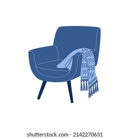 Blue comfortable lounge armchair in scandinavian style. Stylish element for cozy home decoration. Hand drawn vector illustration isolated on white background. Modern trendy flat cartoon style.