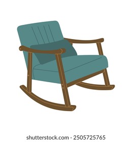 Blue comfortable rocking chair in retro style. Stylish design element for cozy home interior. Hand drawn vector illustration isolated on white background. Modern flat cartoon style.