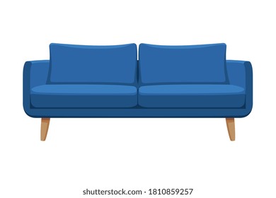 Blaues bequemes Sofa, gemütliches Haushalts- oder Büromobiliar, modernes Interieur-Design, flache Vektorgrafik