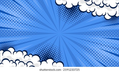 Blauer Comic, abstrakter Hintergrund, Pop-Art-Buch oder Poster-Hintergrund mit Halfton- und Cloud-Effekt