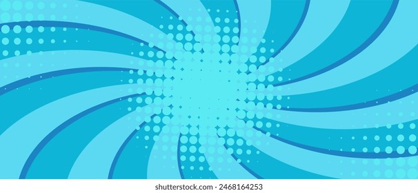 Blue comic background. Art pop cartoon backdrop. Halftone effect pattern. Fun anime texture. Starburst manga style bg. Mark popart radial gradient. Spiral, swirl, comic rays. Vector illustration