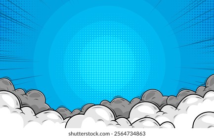 blue comic background with cartoon clouds