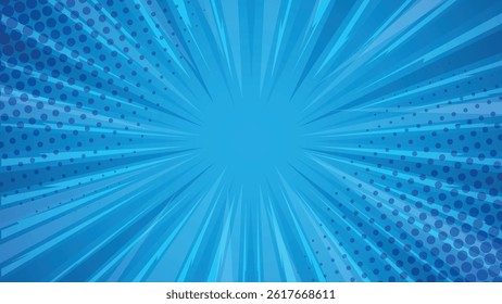 Blue Comic Background – Pop Art Starburst with Explosion Effect and Halftone Gradient Vector