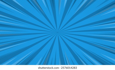 blue comic background with rays and halftone dots. Vector illustration.