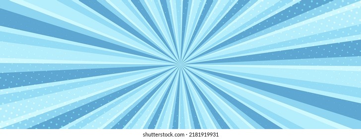 Blue comic banner with halftone. Pop art style effect, vintage cartoon comic wide background with lightning blast halftone dots. Vector illustration.