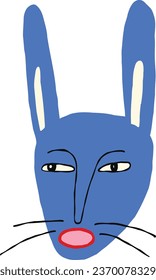 Cómic azul, conejito bizarro con cara adorable. Ilustración de estilo de doodle de carácter de caricatura