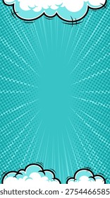 Blue Comic Book Background with Cartoon Clouds and Retro Halftone Sunburst in portrait