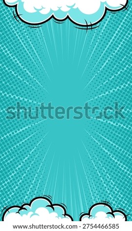 Blue Comic Book Background with Cartoon Clouds and Retro Halftone Sunburst in portrait