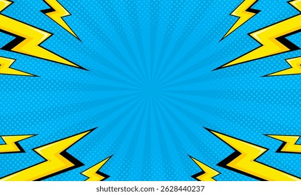 Blue comic book background vintage pop art superhero background with lightning element