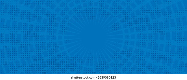 Blue comic book background vintage pop art superhero background for comics, comic background with dot pattern halftone abstract vector flash and circle texture