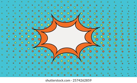 Blue comic book background with yellow and orange dots and bubbles cloud white with orange border