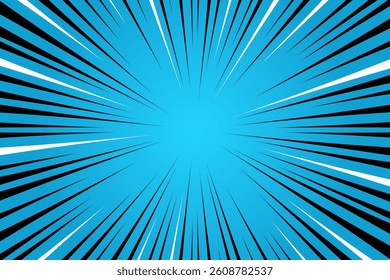 Blue comic book burst background. Manga background. Comic anime black lines
