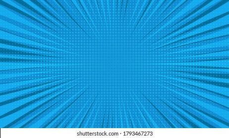 Blue comic book page background in pop art style with empty space. Template with rays, dots and halftone effect texture. Vector illustration