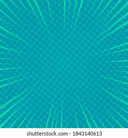 Blue comic book page background in pop art style with empty space. Template with rays, dots and halftone effect texture. Vector illustration