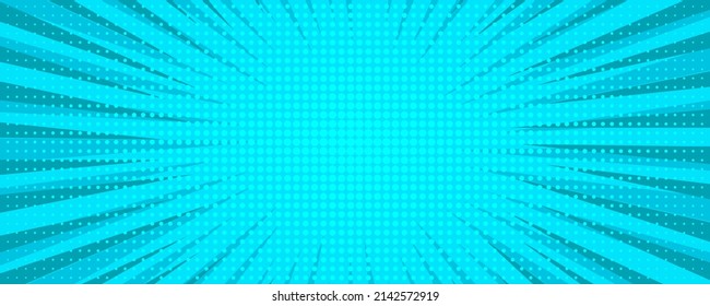 Blue comic book page background in pop art style with empty space. Template with rays, dots and halftone effect texture. Vector illustration