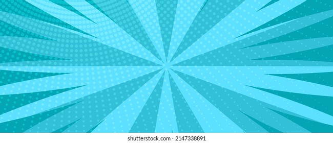 Blue comic book page background in pop art style with empty space. Template with rays, dots and halftone effect texture. Vector illustration