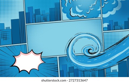 Plantilla de página de cómic azul con siluetas de ciudad, paneles de semitono, un Grande chapoteo de agua u ola y burbujas de discurso vacías.