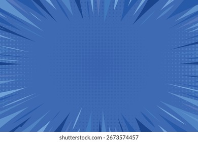 Blue comic book pop art background. Zoom effect creative halftone background. Anime explosion effect with sunburst. Superhero background