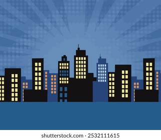 Fondo de arte pop cómico azul con silueta de ciudad